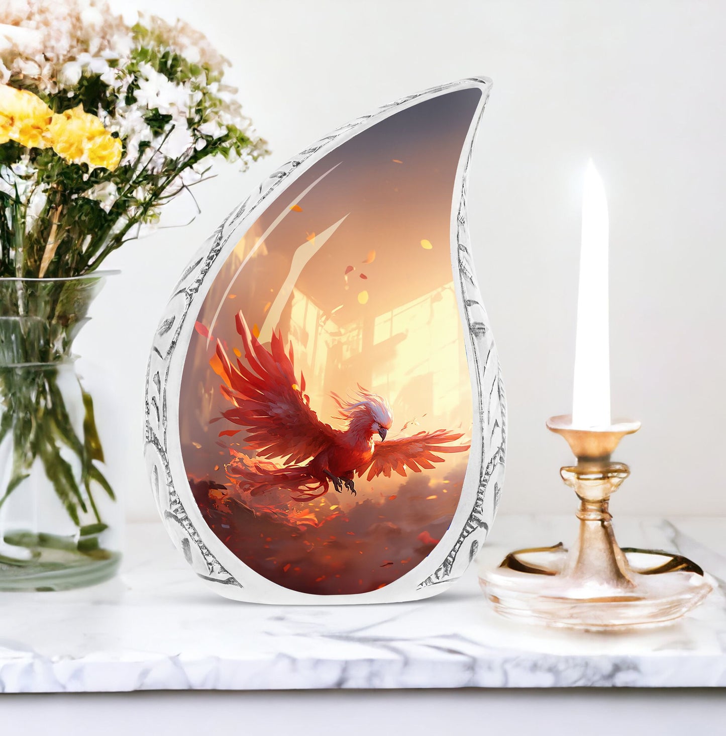 Large Red and White Phoenix Urn, ideal for adult male ashes, made from durable metal