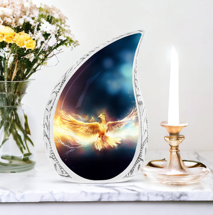Phoenix themed large urn in yellow hue, depicting Phoenix spreading wings amid fire against a stark black backdrop, ideal for adult ashes storage