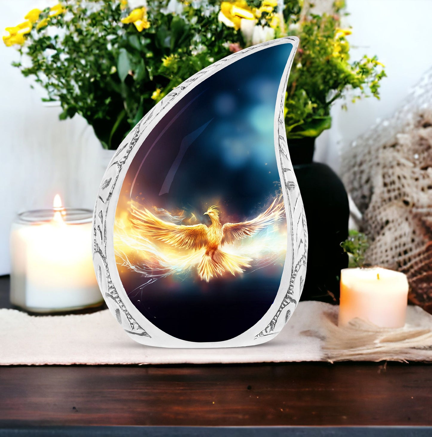 Phoenix themed large urn in yellow hue, depicting Phoenix spreading wings amid fire against a stark black backdrop, ideal for adult ashes storage