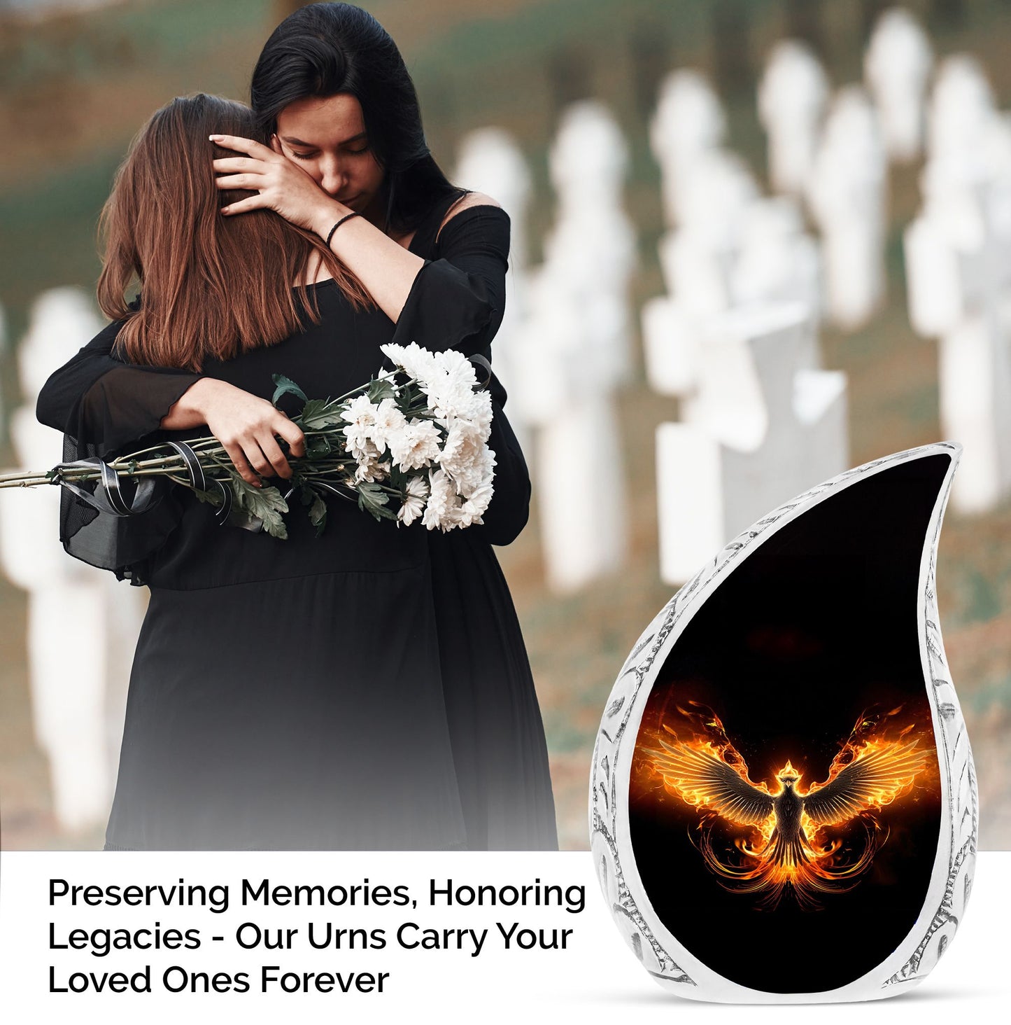 Dramatic black Phoenix urn for adult ashes, suitable for memorializing a loved one