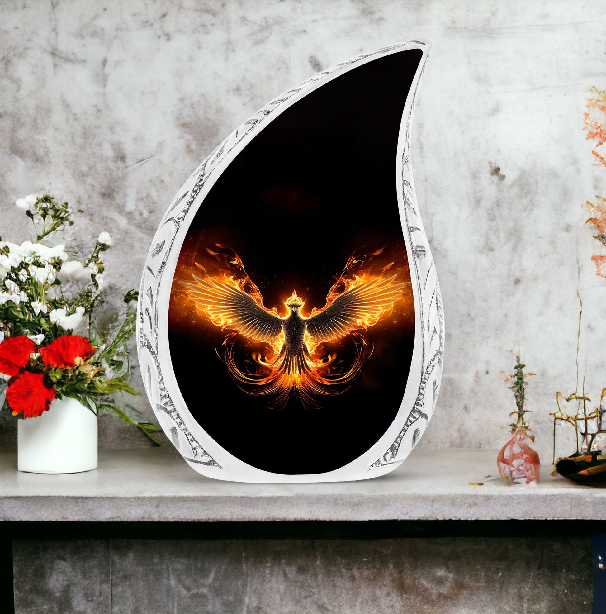 Dramatic black Phoenix urn for adult ashes, suitable for memorializing a loved one