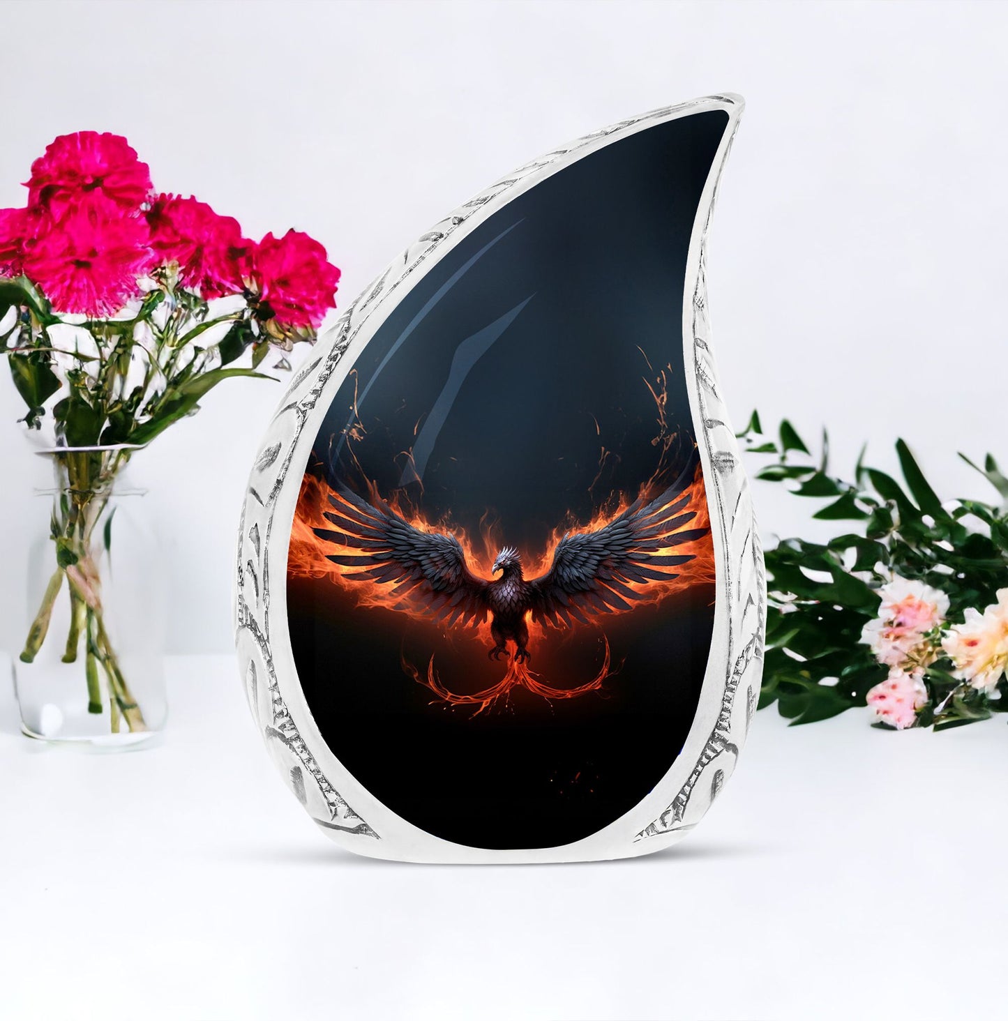 Large, black Phoenix urn engulfed in red fire, ideal metal cremation urn for adult female ashes, perfect memorial urn for mom