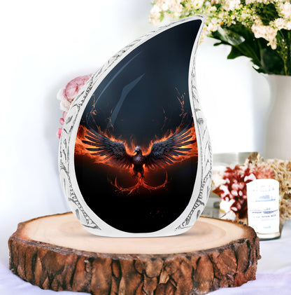 Large, black Phoenix urn engulfed in red fire, ideal metal cremation urn for adult female ashes, perfect memorial urn for mom