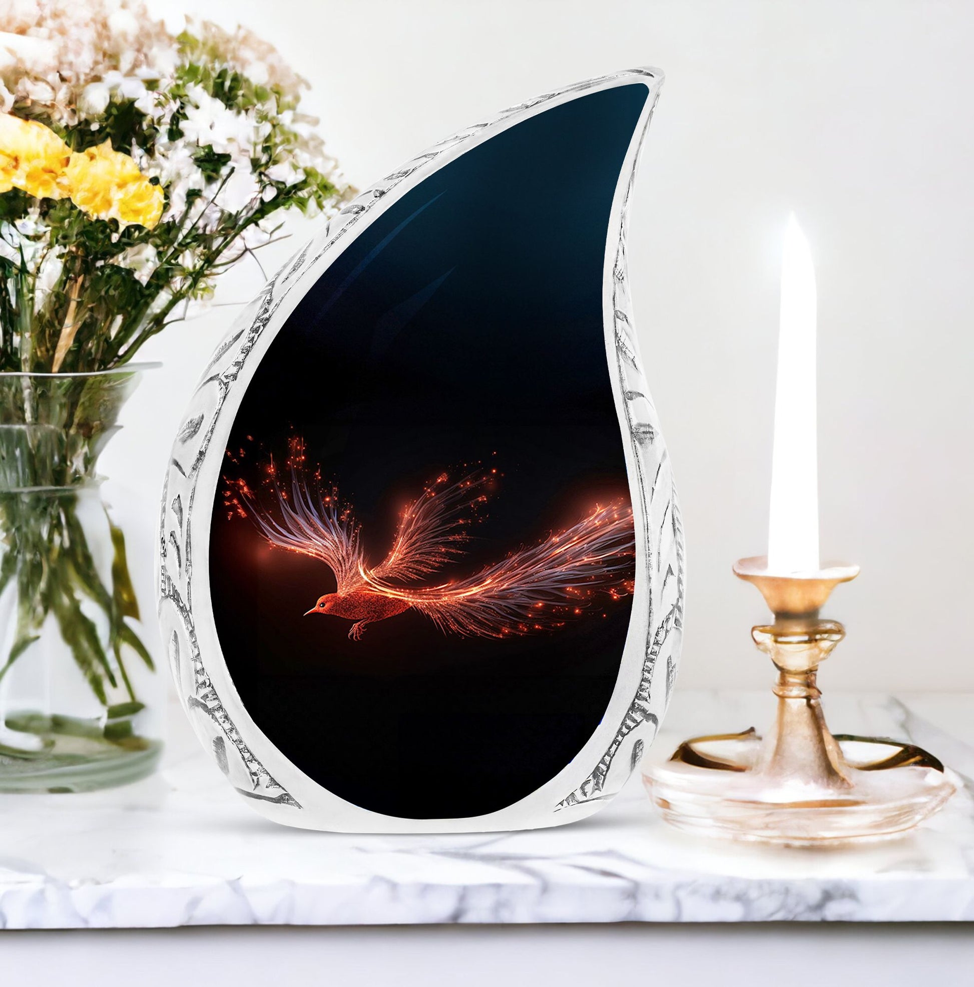 Large Red Sparrow themed cremation urn for human ashes, suitable for adult women