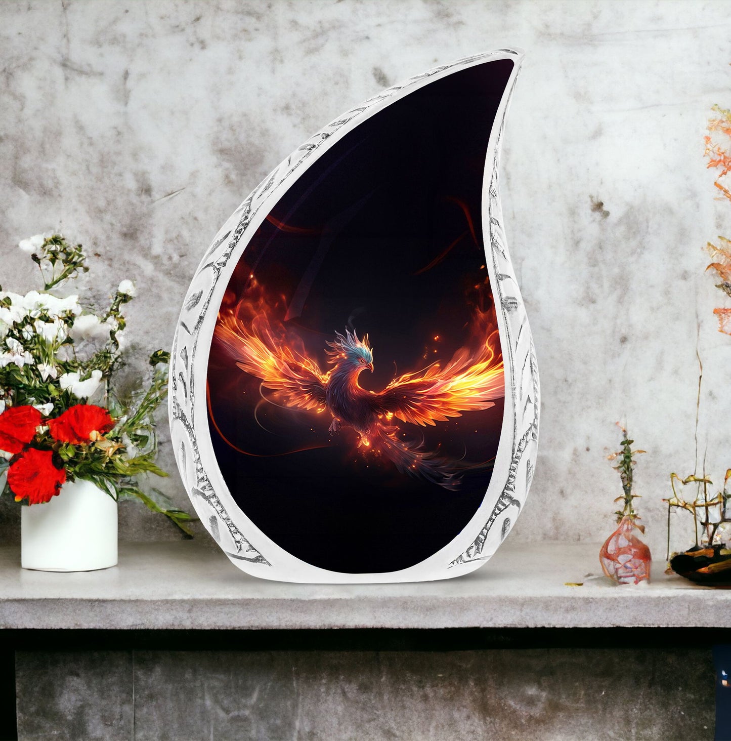 Large Phoenix Cremation Urn in Vibrant Red and Blue Colors, Unique Urn for Human Ashes