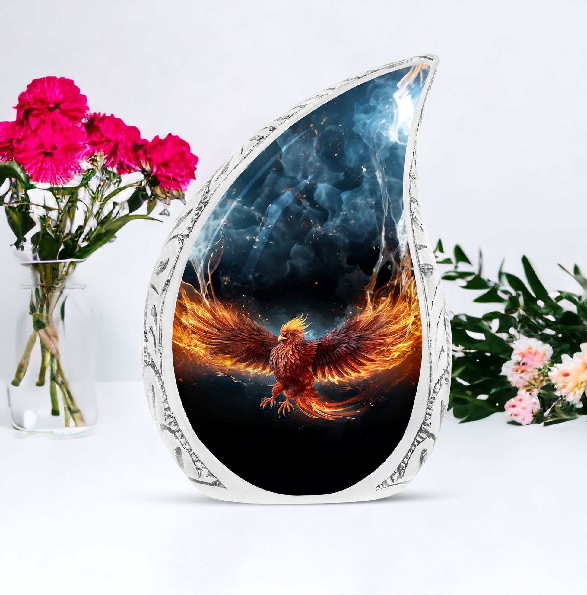 Large, unique Phoenix urn in red, portraying phoenix in fire for human ashes, ideal for adult cremation