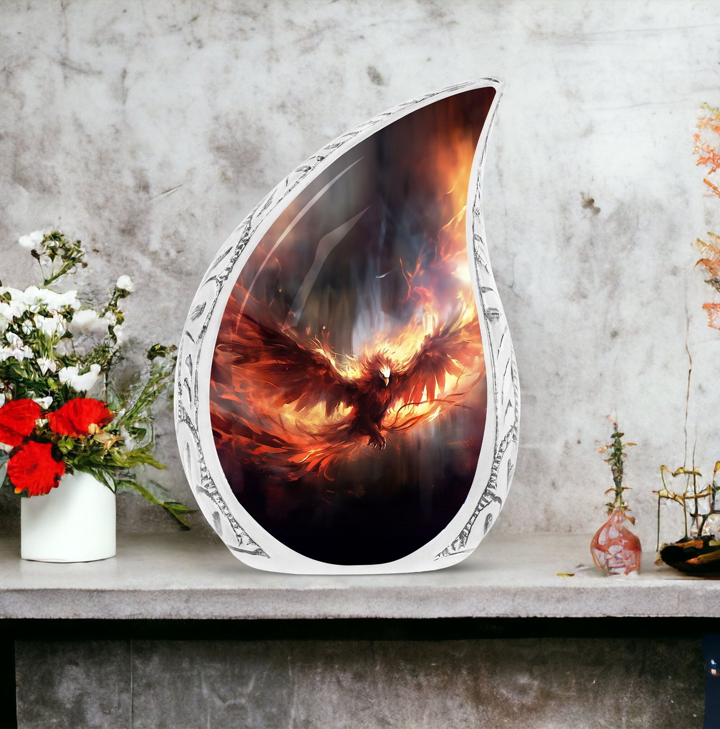 Large, unique Phoenix-themed urn for human ashes in fiery red color
