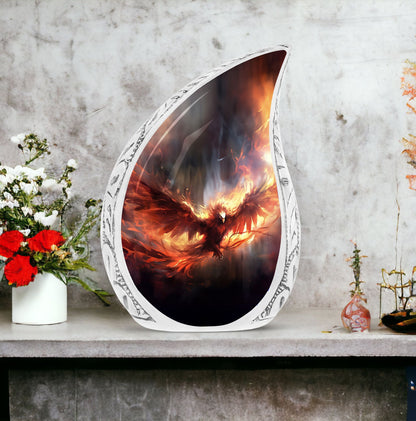 Large, unique Phoenix-themed urn for human ashes in fiery red color