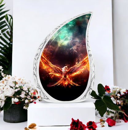 Large Phoenix urn in red fire theme, perfect cremains container for adult female's ashes, made from strong metal.
