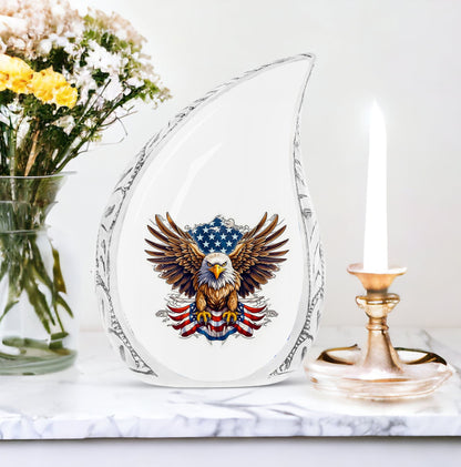 Large Artistic Eagle urn with flag motif, suitable for cremation of adult male human ashes