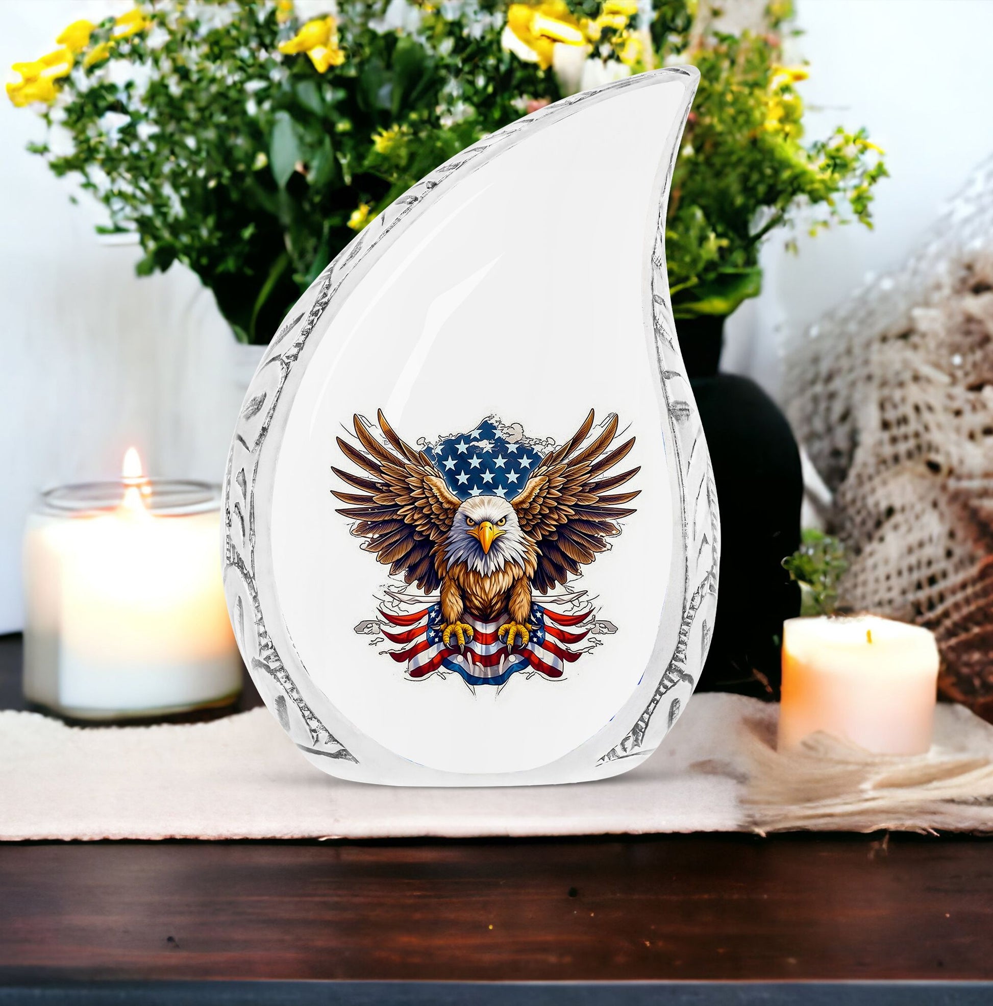 Large Artistic Eagle urn with flag motif, suitable for cremation of adult male human ashes