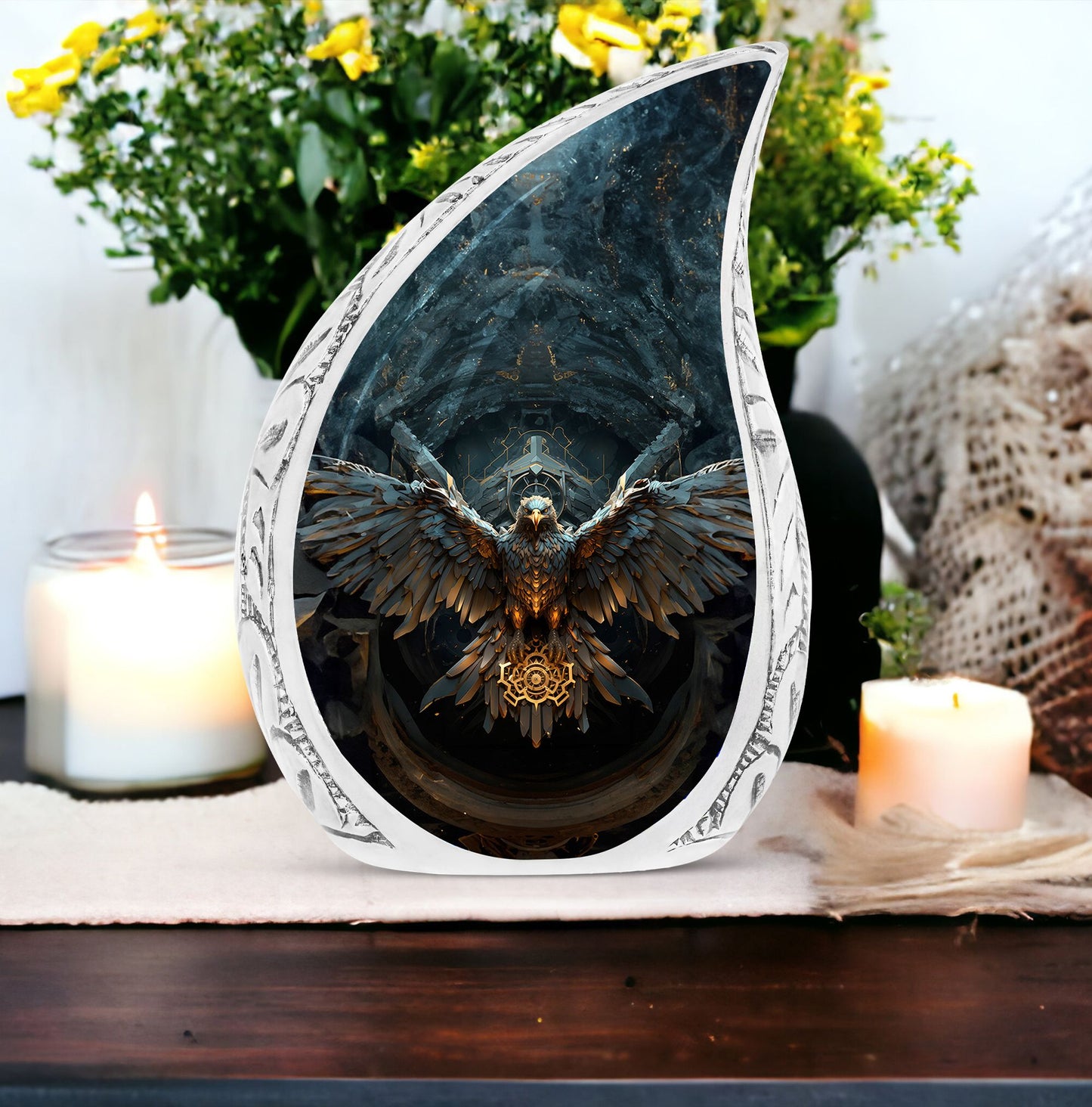 Large eagle urn, ideal for adult ashes honoring the journey to the soul gate, suitable for both male and female remembrance.