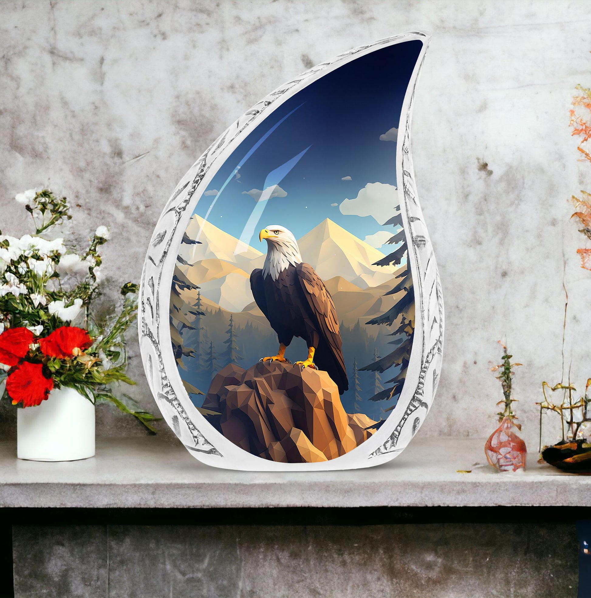 Large eagle urn in a mountain setting for adult male ashes, suitable for cremation and funeral purposes