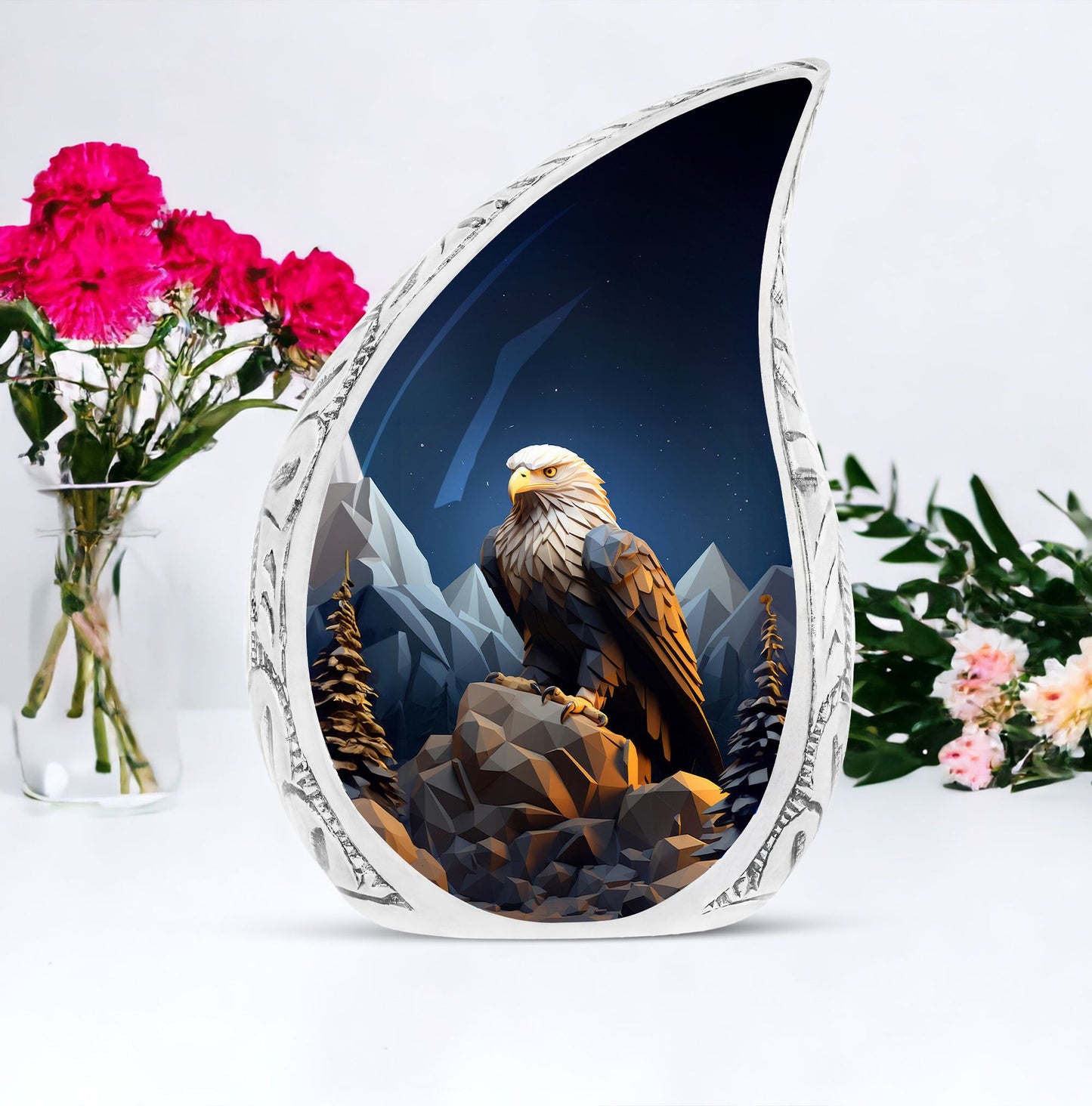 An eagle soaring over mountains designed on majestic large urn for storing adult human ashes, an unique funeral decoration