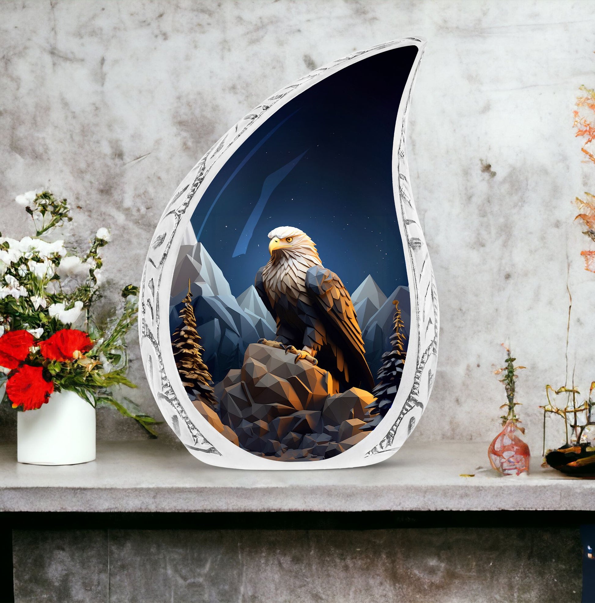An eagle soaring over mountains designed on majestic large urn for storing adult human ashes, an unique funeral decoration