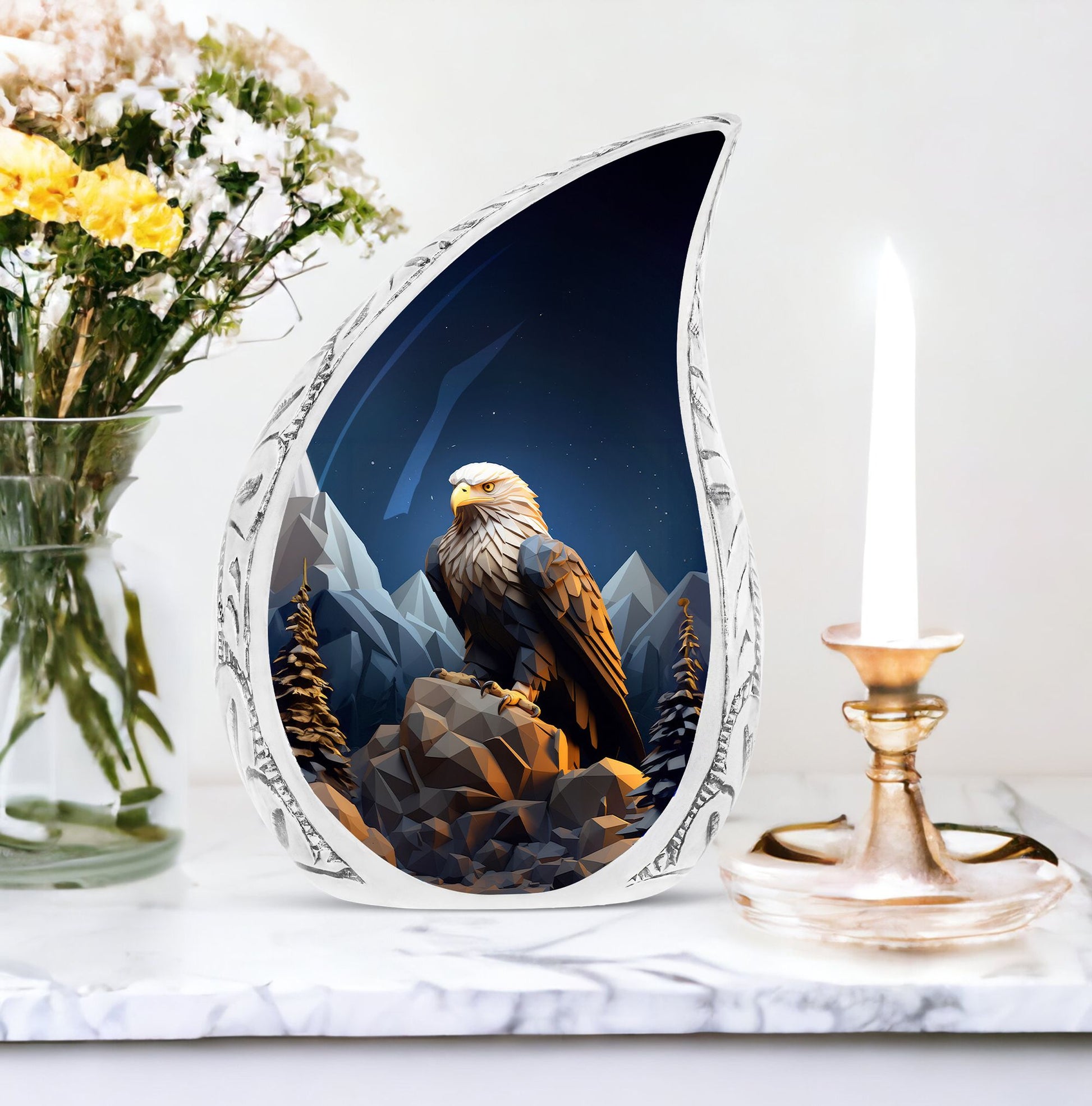 An eagle soaring over mountains designed on majestic large urn for storing adult human ashes, an unique funeral decoration