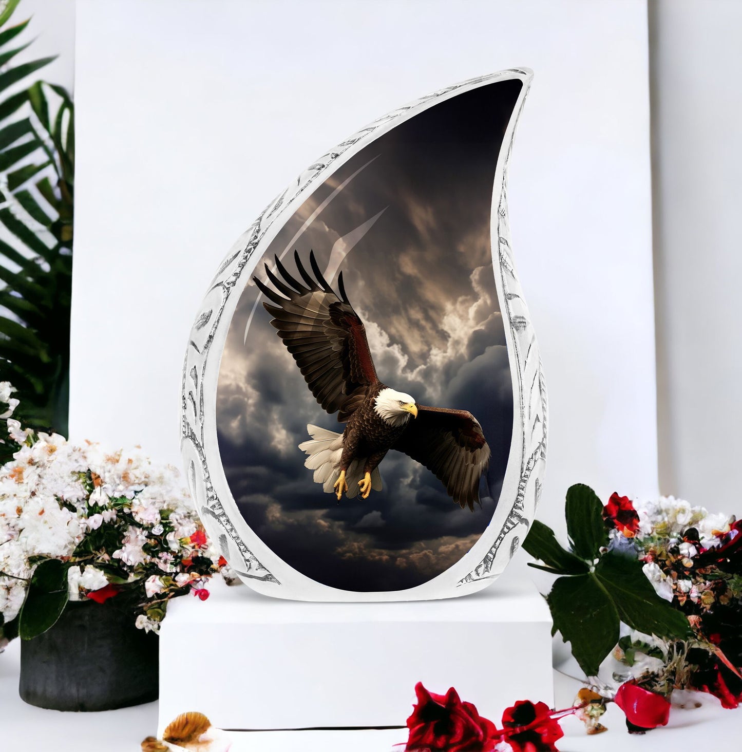 Large decorative urn featuring eagle with rain clouds background, suitable for both men and women