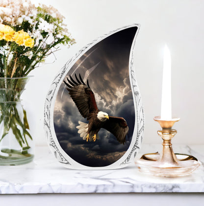 Large decorative urn featuring eagle with rain clouds background, suitable for both men and women