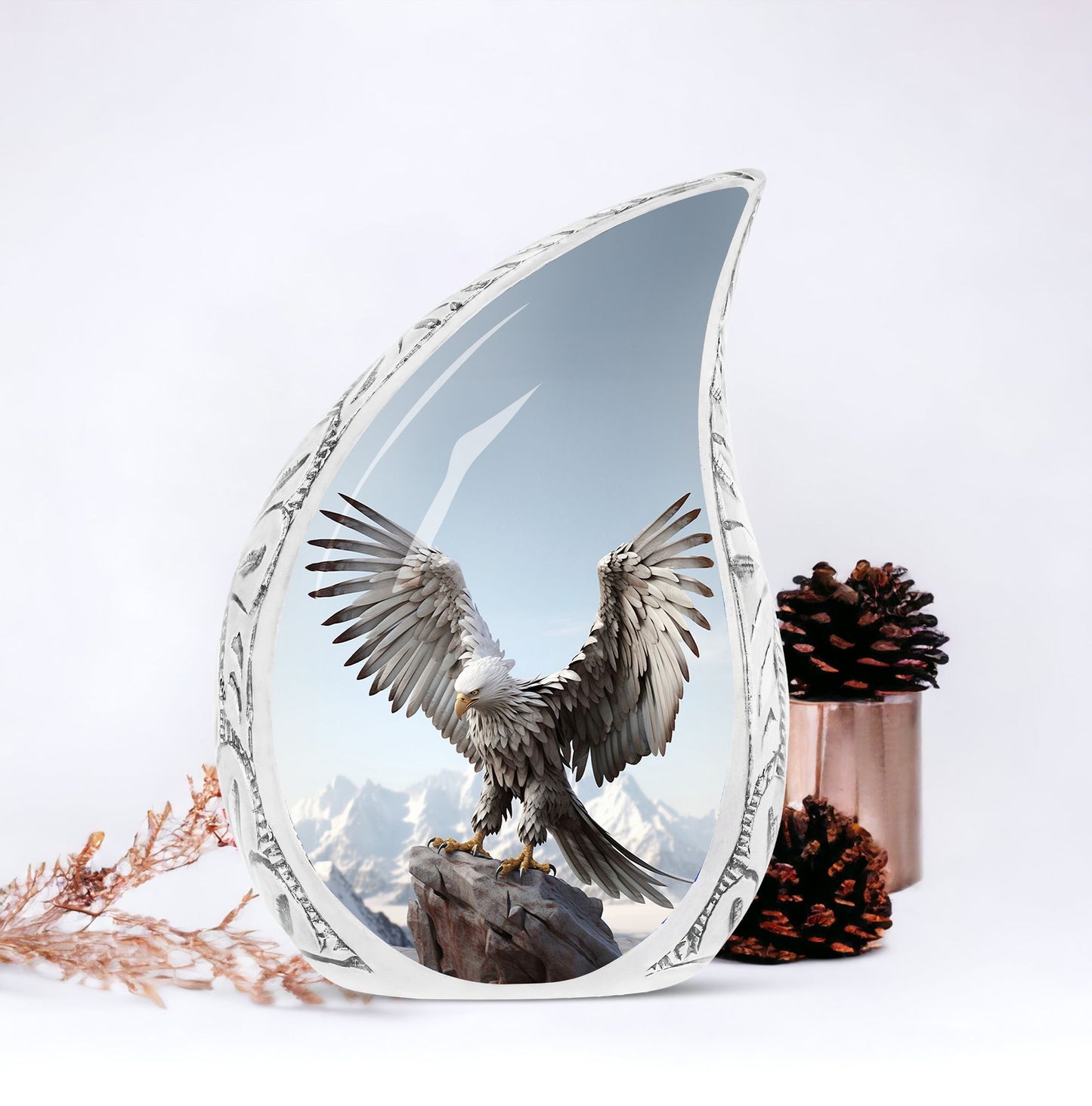 Large eagle urn in a serene snow mountain setting, designed for human ashes storage