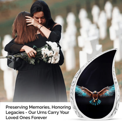 Large Eagle Urn with spread wings on a black background, suitable for adult human ashes burial and memorial purposes
