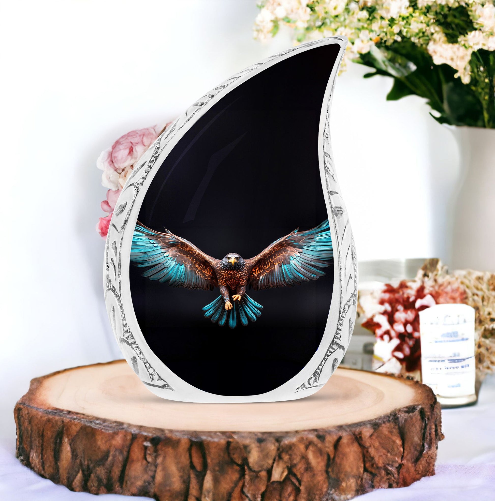 Large Eagle Urn with spread wings on a black background, suitable for adult human ashes burial and memorial purposes