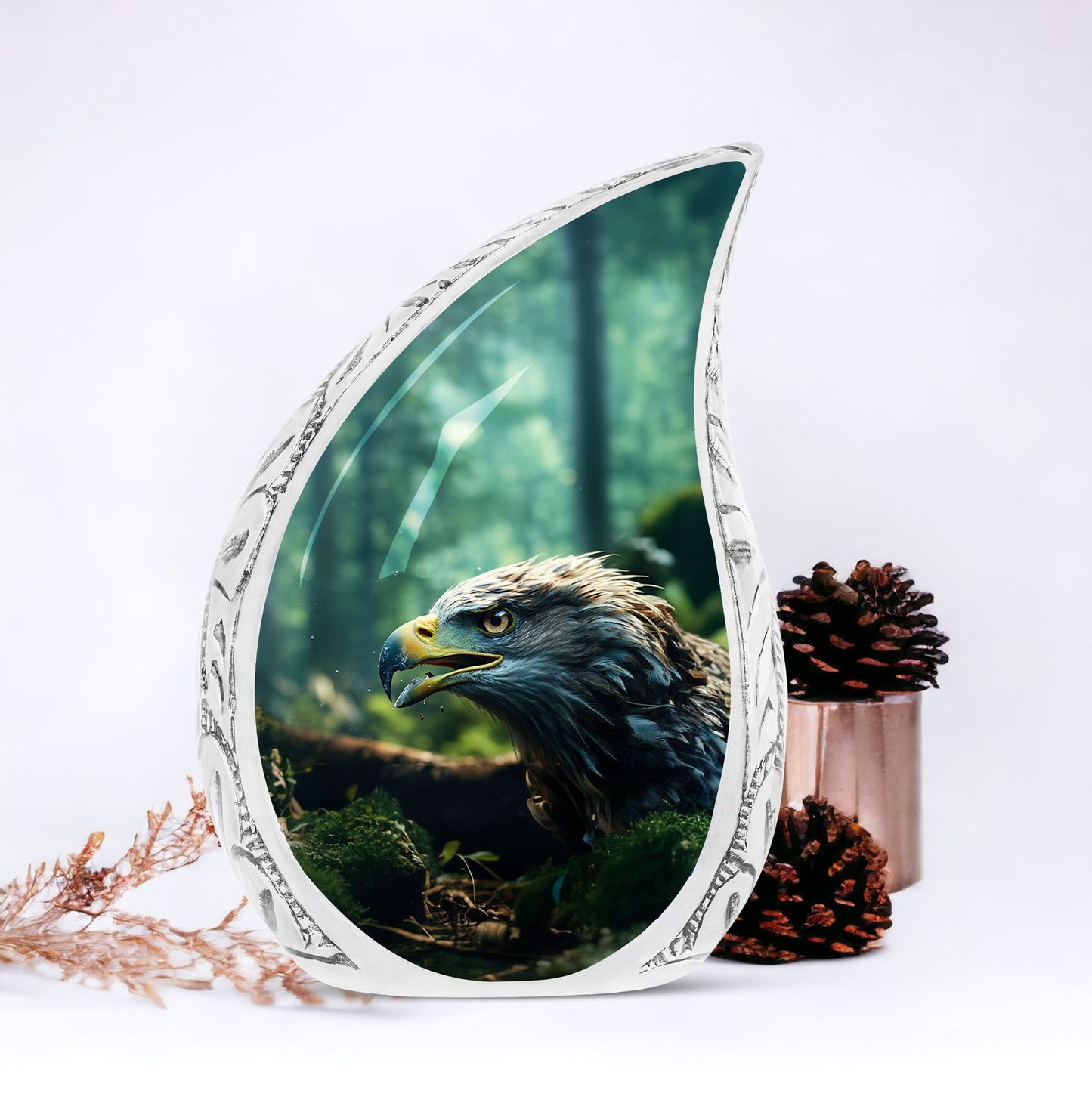 Large urn with eagle face design amidst forest setting, ideal for adult human remains, a decorative funeral choice.