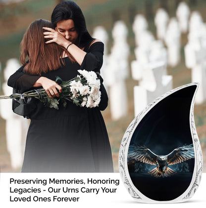 Large urn with majestic eagle theme, ideal for adult male human ashes storage against a dark background