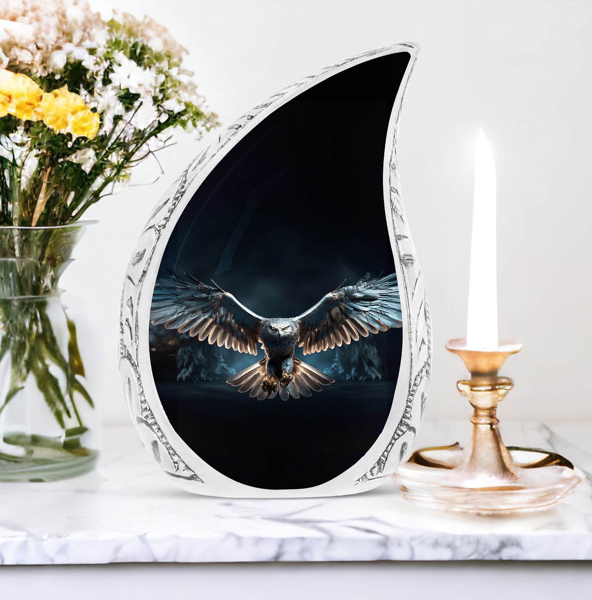 Large urn with majestic eagle theme, ideal for adult male human ashes storage against a dark background