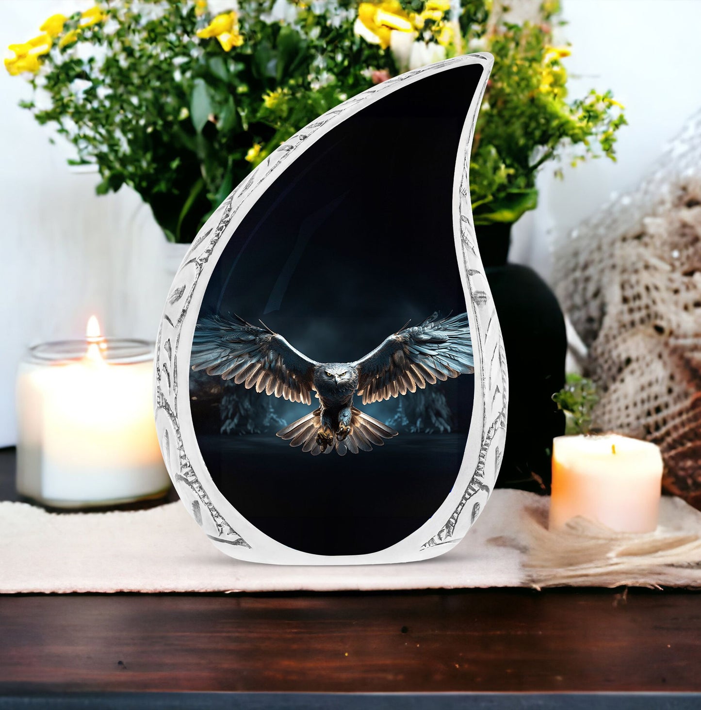 Large urn with majestic eagle theme, ideal for adult male human ashes storage against a dark background