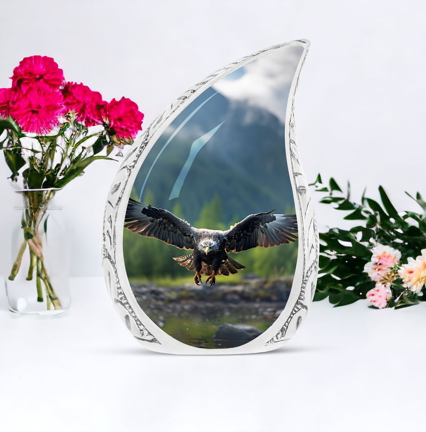 Large eagle urn for burial in ground, ideal for ashes of adult women, depicting eagle flying in a forest