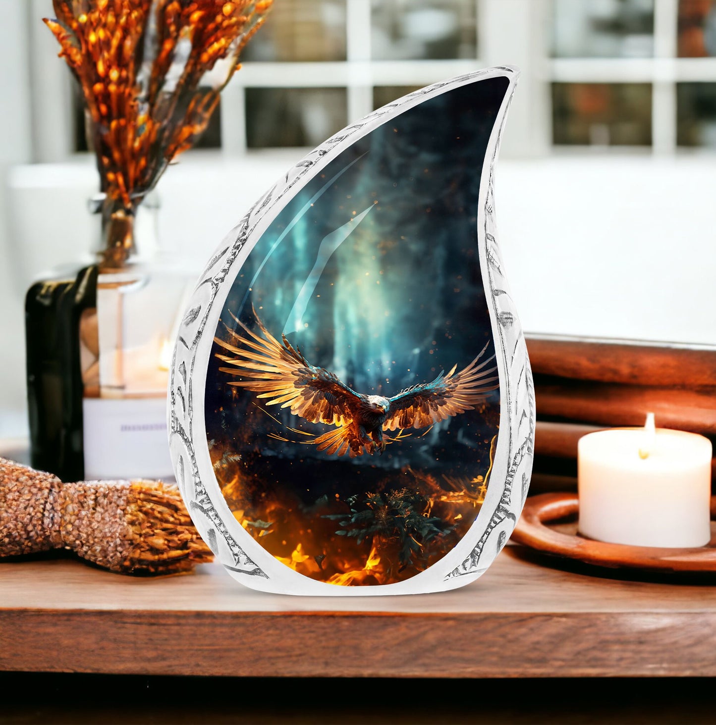 Large Eagle Fiy In Fire urn for ashes, ideal metal cremation urn for dad