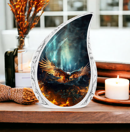Large Eagle Fiy In Fire urn for ashes, ideal metal cremation urn for dad