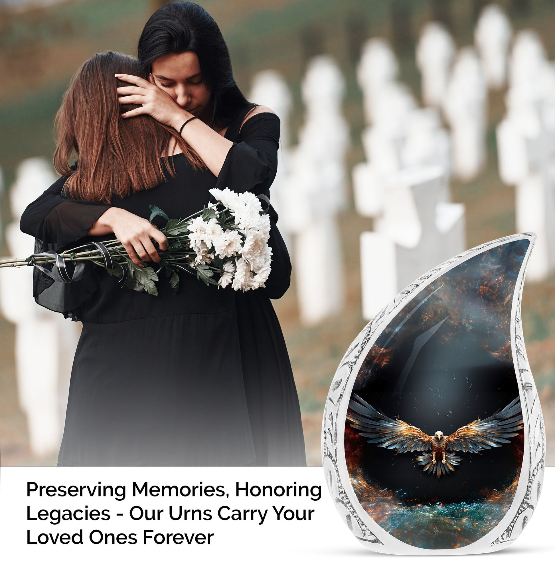 Large urn for adult male with motif of eagle spreading wings on dark background, suitable for human ashes
