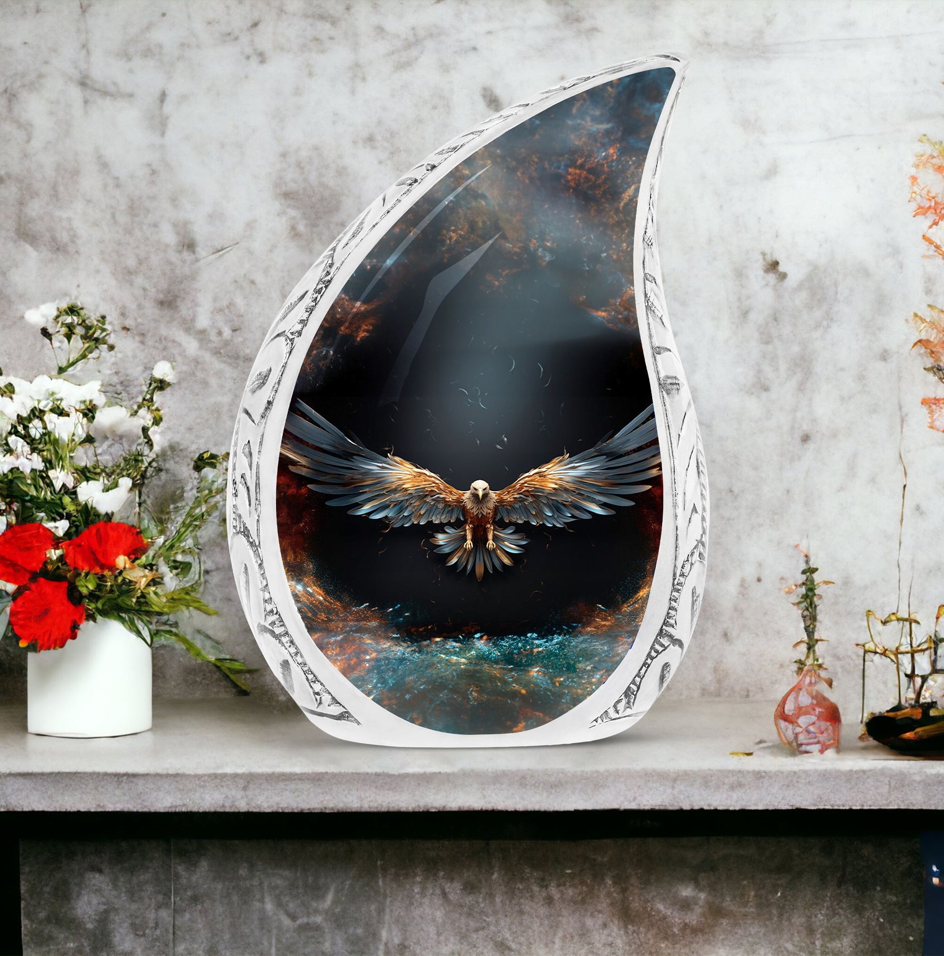 Large urn for adult male with motif of eagle spreading wings on dark background, suitable for human ashes