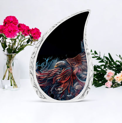 Large metal urn featuring an illustration of an eagle with an American flag, designed to hold human ashes