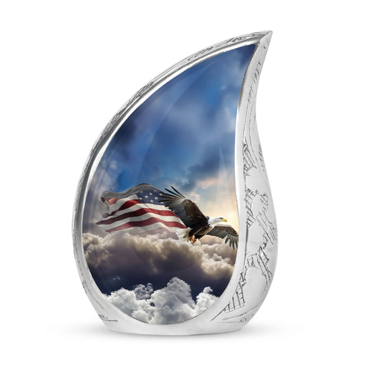  eagle flying in clouds with a american flag Cremation Urn