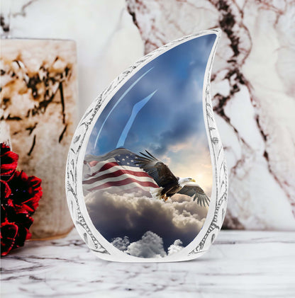 Large cremation urn with pictorial depiction of an eagle flying amidst clouds towards a flag, perfect for memorials