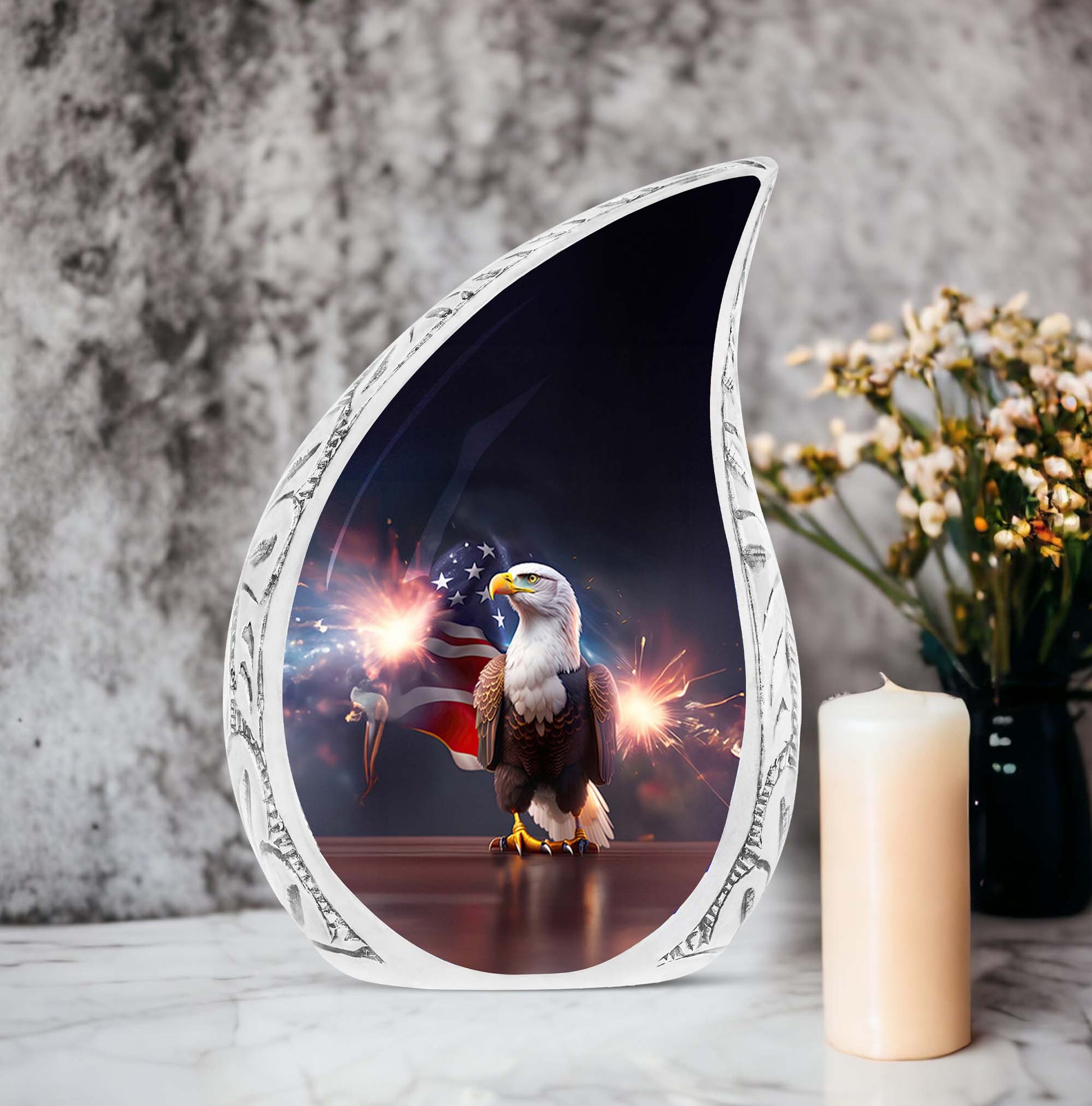 Large Eagle Urn with Fireworks design for adult ashes, a unique funeral decoration