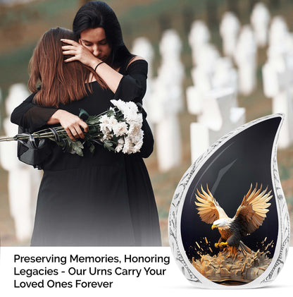 Majestic eagle cremation urn with wide open feathers, ideal for adult human ashes, suitable for women and funeral occasions.