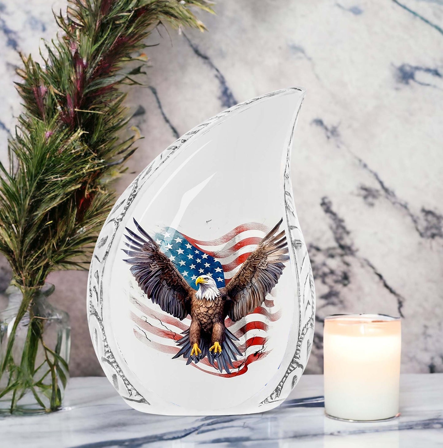 Elegant American flag-themed cremation urn featuring an eagle, suitable for adults' ashes
