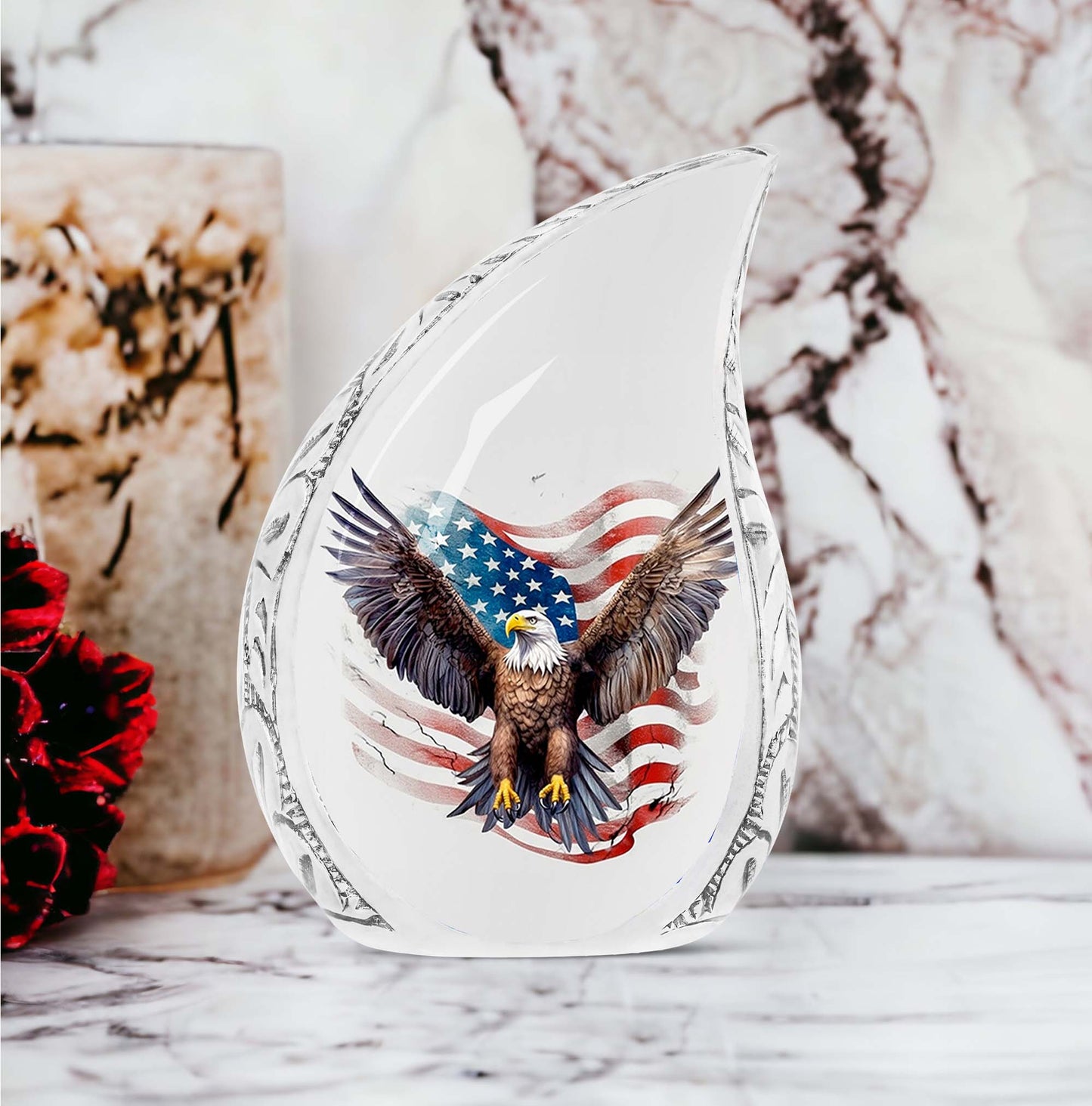 Elegant American flag-themed cremation urn featuring an eagle, suitable for adults' ashes