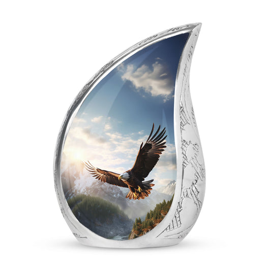 Large eagle urn portraying an eagle soaring in a valley, designed as a dignified ashes holder for adult human remains.
