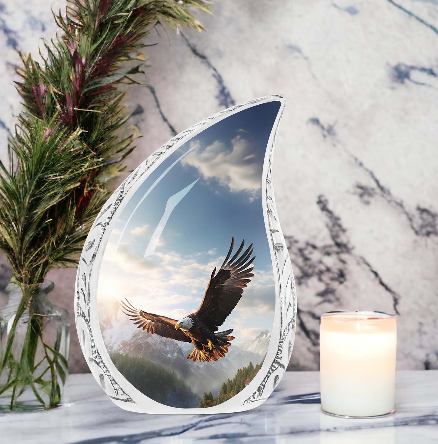 Large eagle urn portraying an eagle soaring in a valley, designed as a dignified ashes holder for adult human remains.