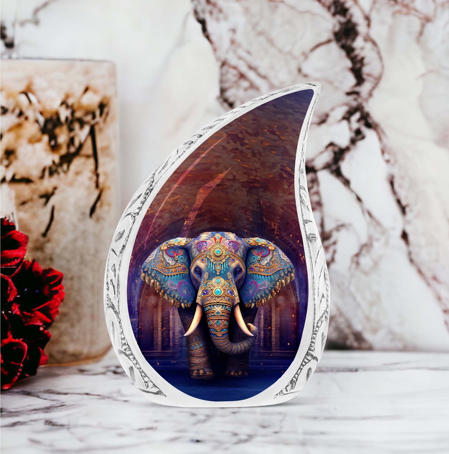 Large Elephant-themed urn, intricately patterned, for adult human ashes, ideal for burial