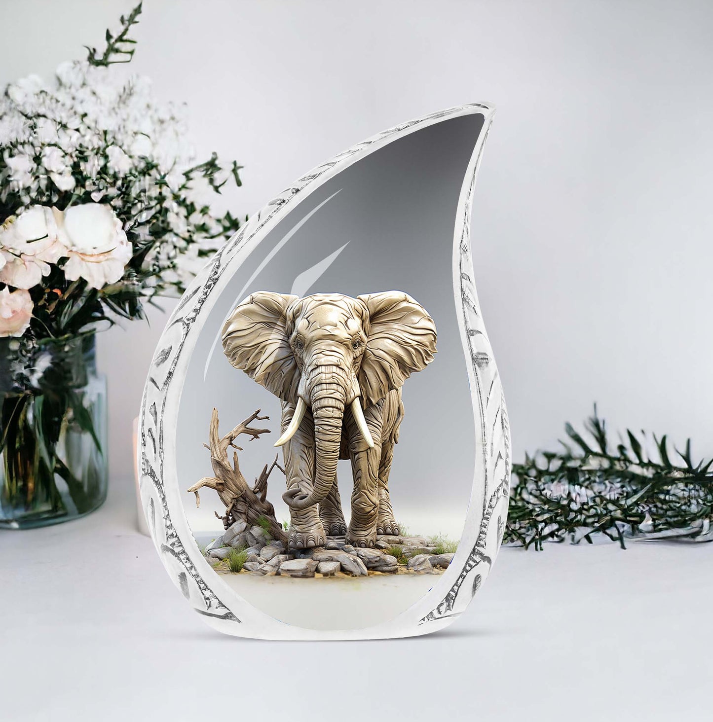 10-inch Large Funeral Urn, Elephant-themed, covered in mud design with 200 cubic inches capacity, ideal for human ashes