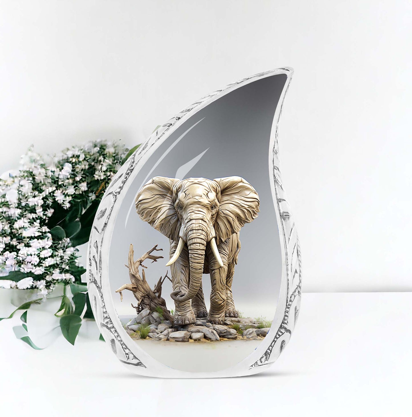 10-inch Large Funeral Urn, Elephant-themed, covered in mud design with 200 cubic inches capacity, ideal for human ashes