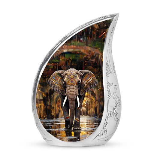 10-inch large cremation urn adorned with elephant and ornaments, suitable for adult male ashes.