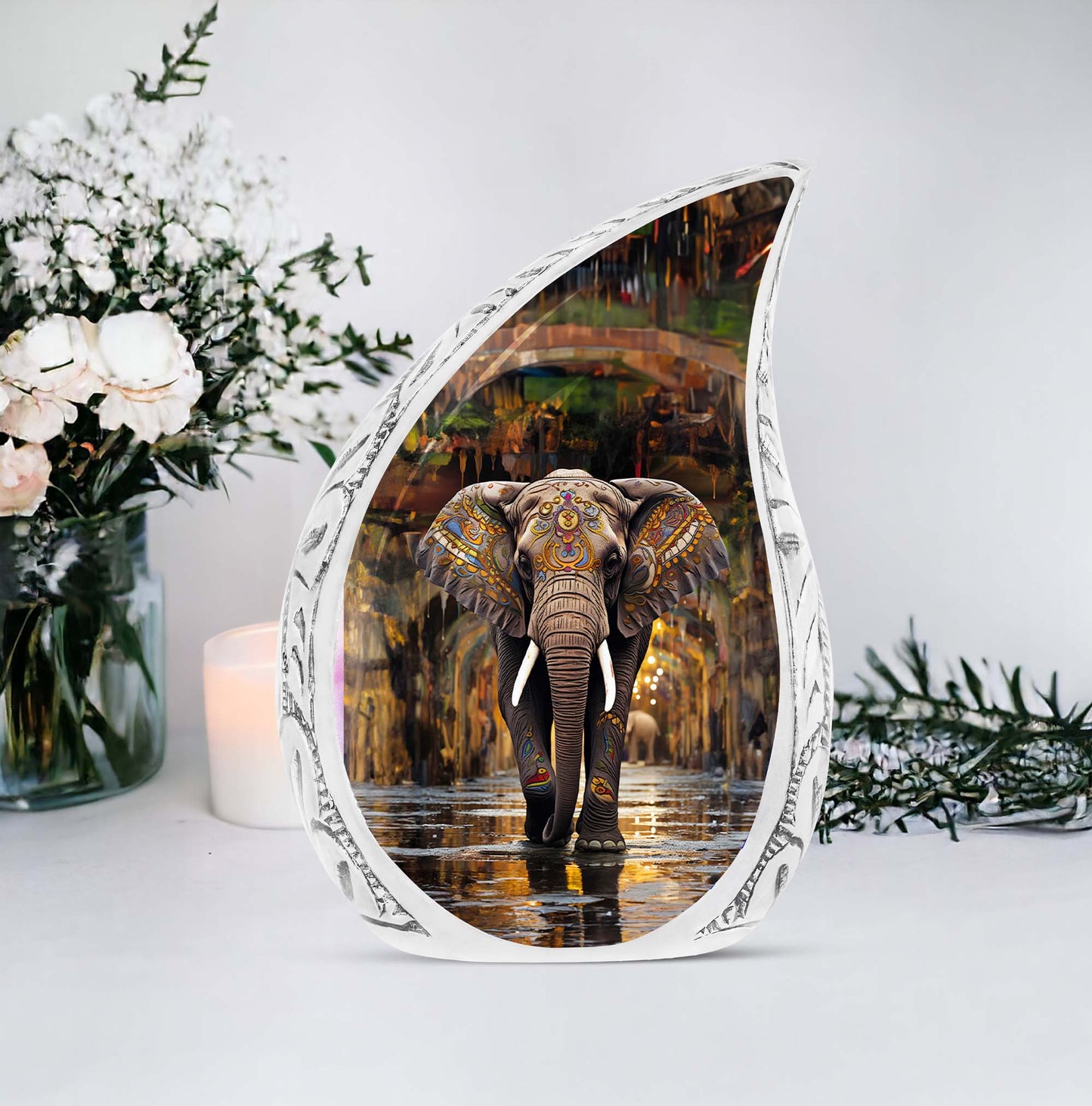 10-inch large cremation urn adorned with elephant and ornaments, suitable for adult male ashes.