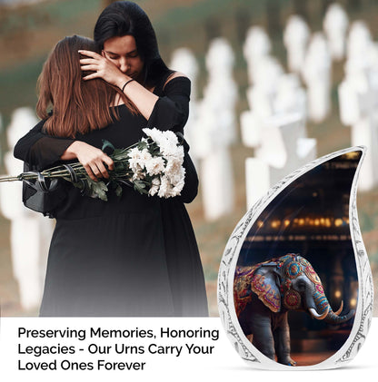 Large cremation urn for ashes featuring an intricate elephant design, ideal for adult male funeral use