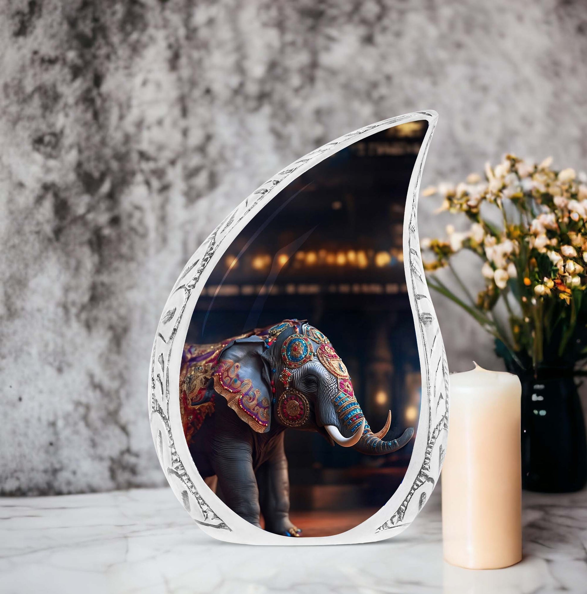 Large cremation urn for ashes featuring an intricate elephant design, ideal for adult male funeral use